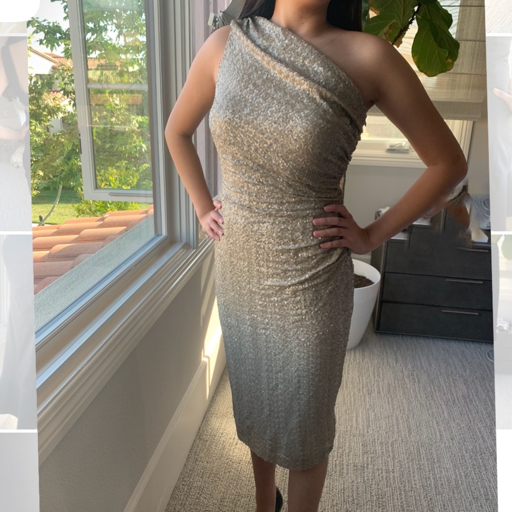 Lauren One shoulder sequined beige dress